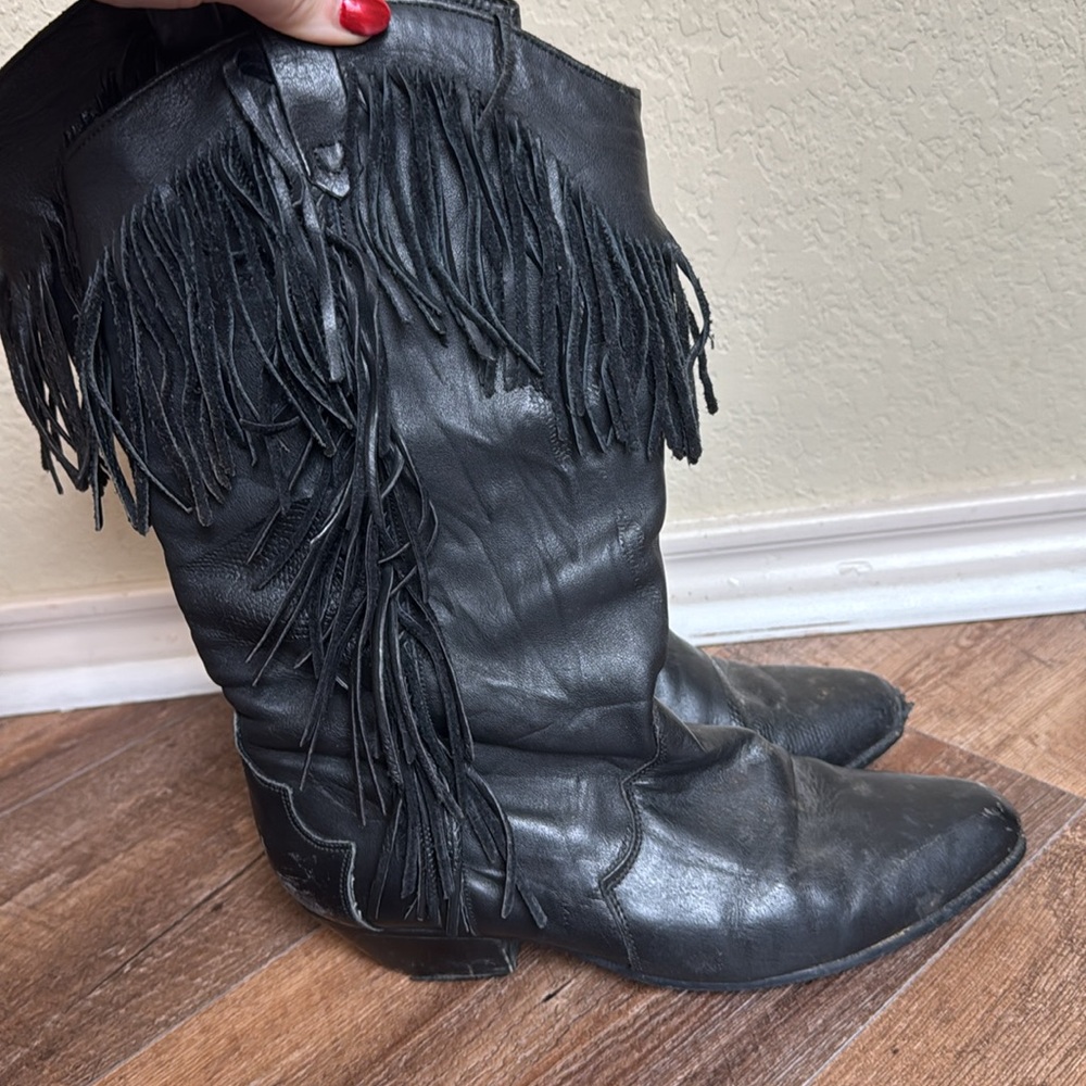 Vintage 1970s Black Dingo Fringe Western Cowboy Boots